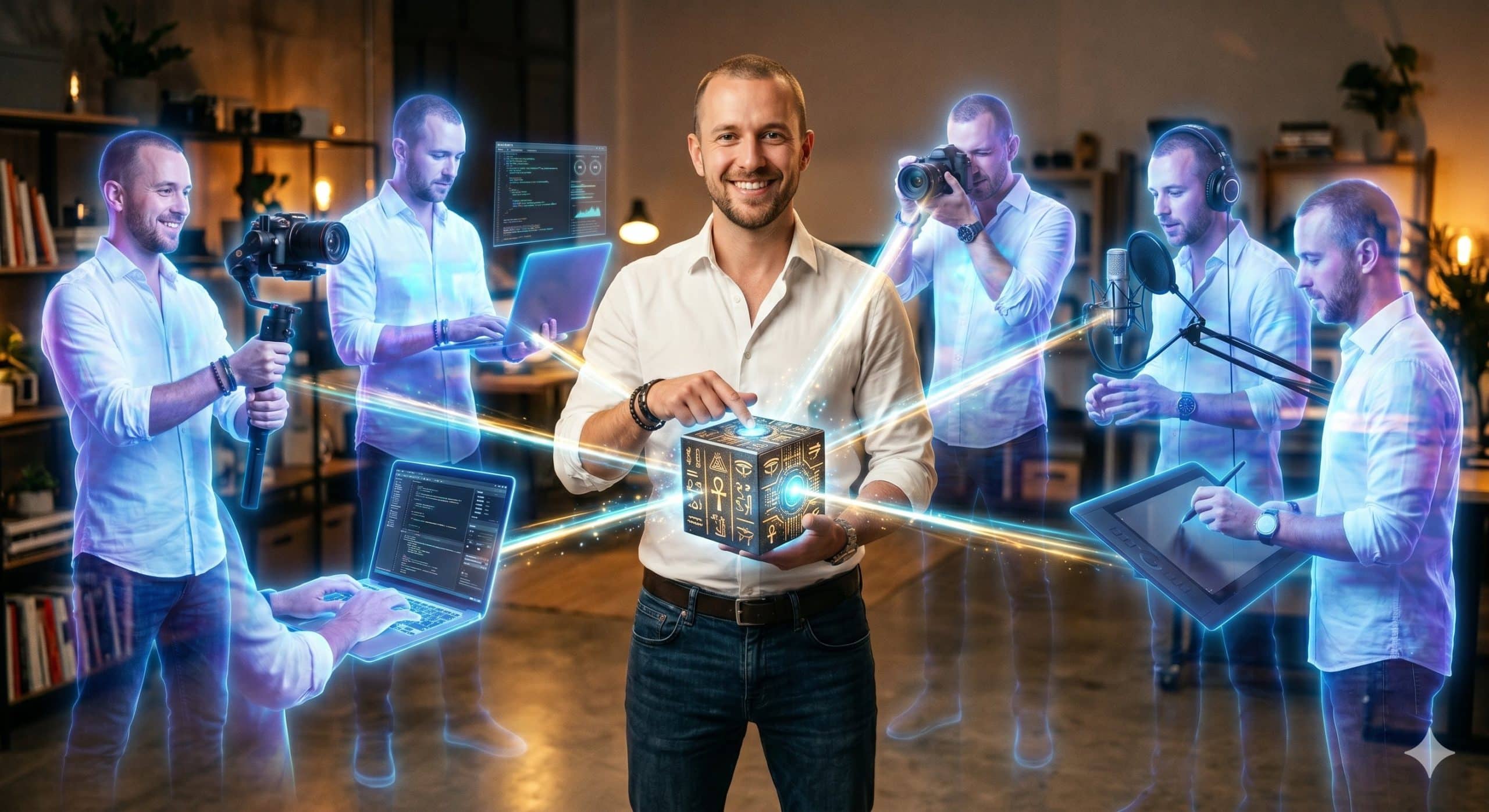 Entrepreneur activant son cube magique, entouré de ses doubles virtuels qui créent du contenu