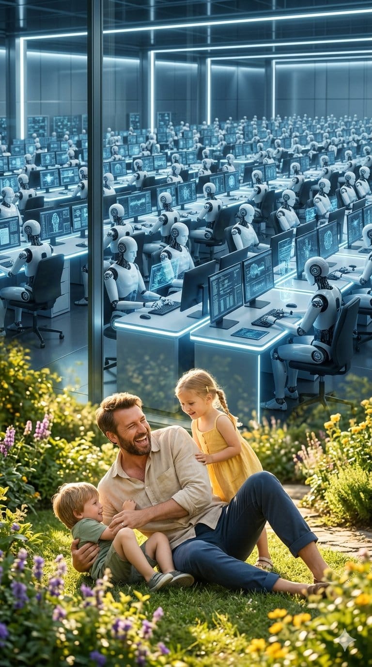 Père heureux avec ses enfants pendant que les robots IA travaillent