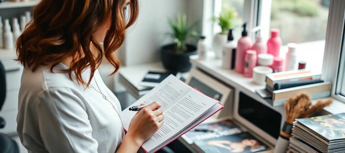 Une coiffeuse note ses idées de contenu dans un carnet entouré de produits
