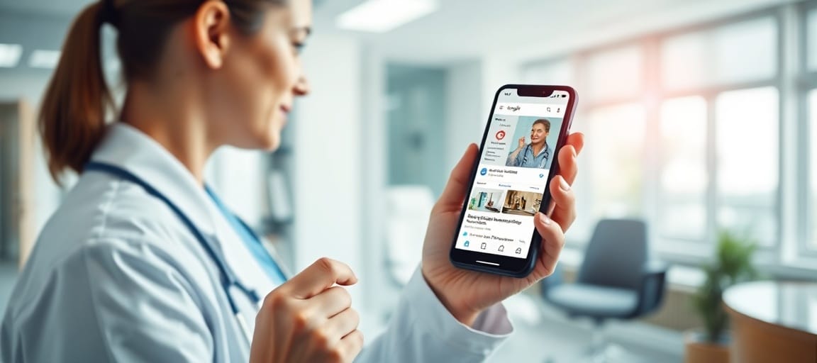 Un professionnel de santé consulte une recherche Google sur son téléphone