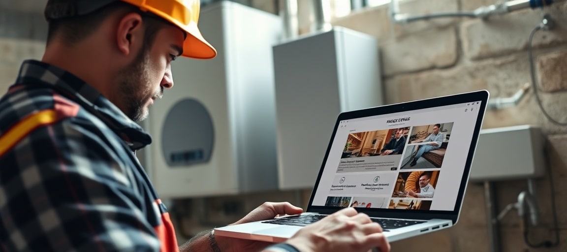Un chauffagiste intervient sur un chantier tandis que son blog publie automatiquement en arrière-plan