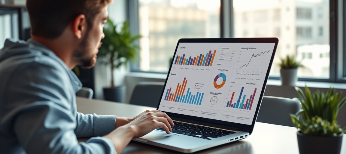 Coach sportif analysant des statistiques de visibilité en ligne sur son ordinateur