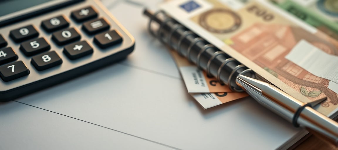Calculatrice avec billets d'euros et calculs de rentabilité financière
