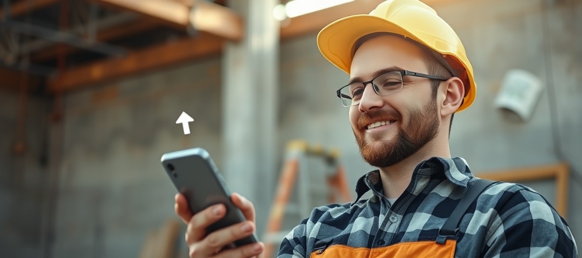 Artisan consulte son téléphone sur un chantier avec sourire