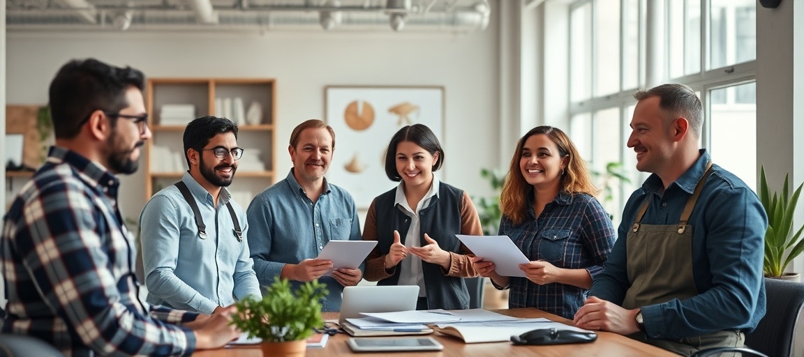 Groupe de professionnels indépendants de différents secteurs travaillant ensemble