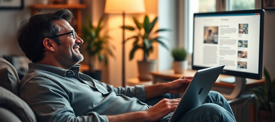 Un coach détendu pendant que son blog se publie automatiquement en arrière-plan