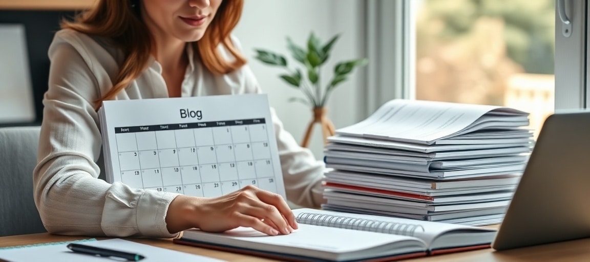Femme organisant ses articles de blog dans un calendrier éditorial