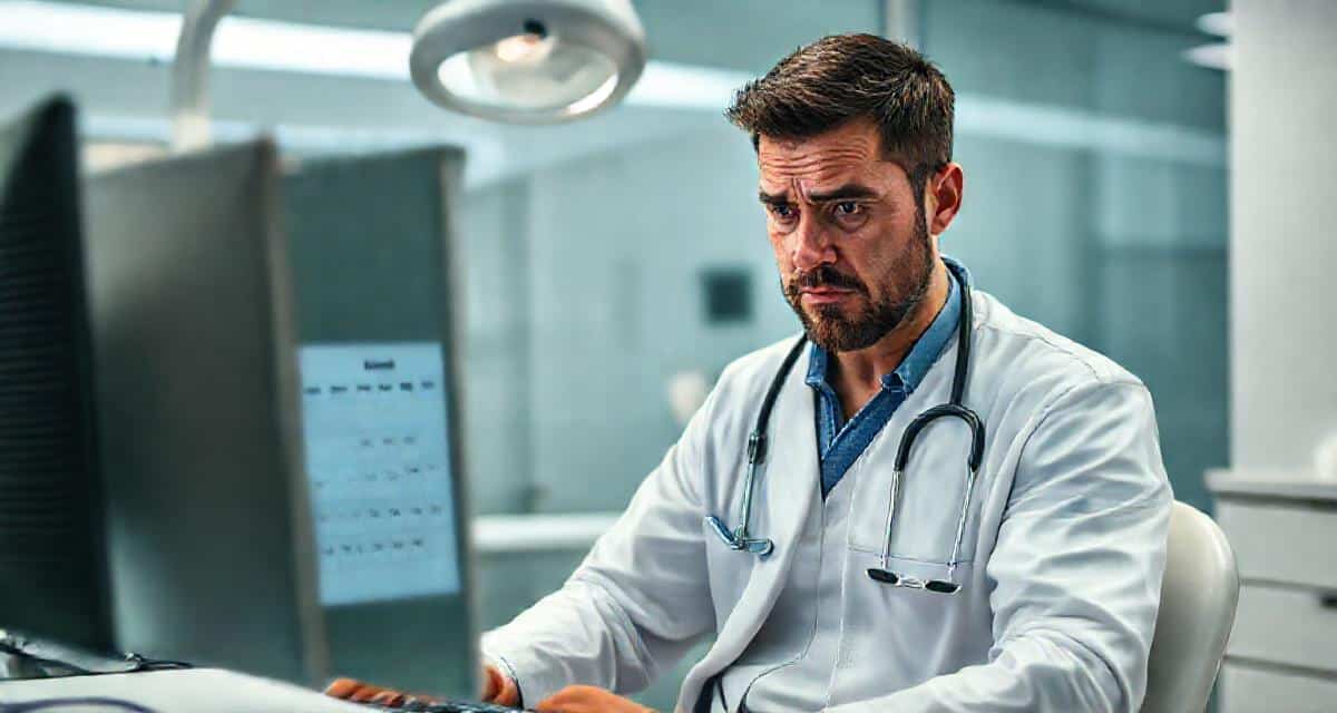 Un chirurgien-dentiste regarde son agenda vide sur ordinateur avec inquiétude