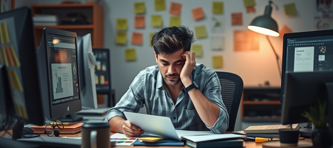 Un graphiste fatigué entouré de tâches administratives à son bureau