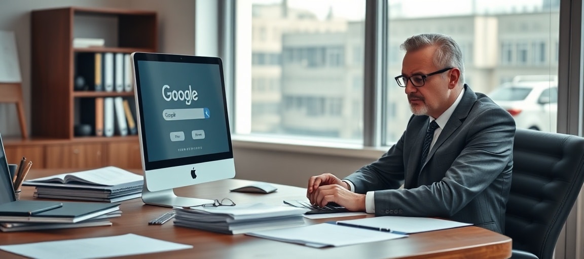 Bureau de notaire avec documents juridiques et ordinateur affichant les résultats Google