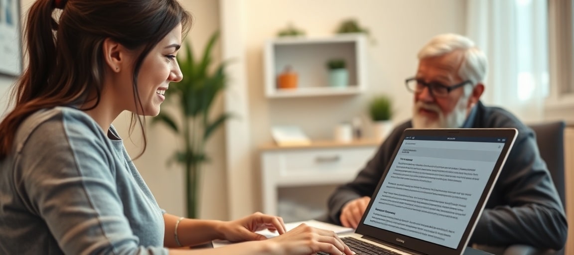 Orthophoniste en séance avec patient et article de blog en arrière-plan