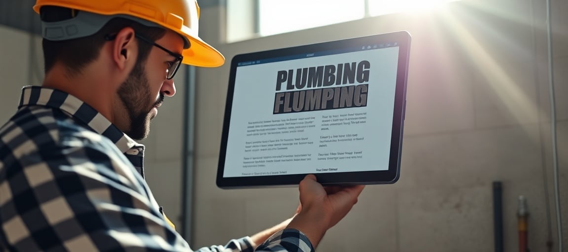 Plombier en chantier tandis que son blog publie automatiquement en arrière-plan