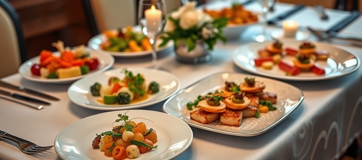 Buffet traiteur avec plats variés et options végétariennes présentés élégamment