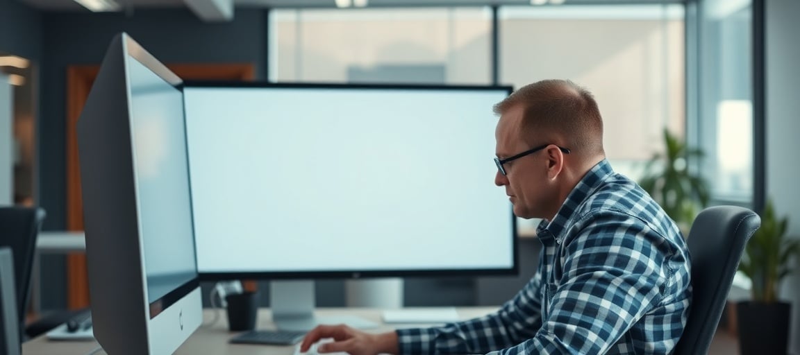 Un carreleur frustré regarde son écran d'ordinateur vide dans un bureau