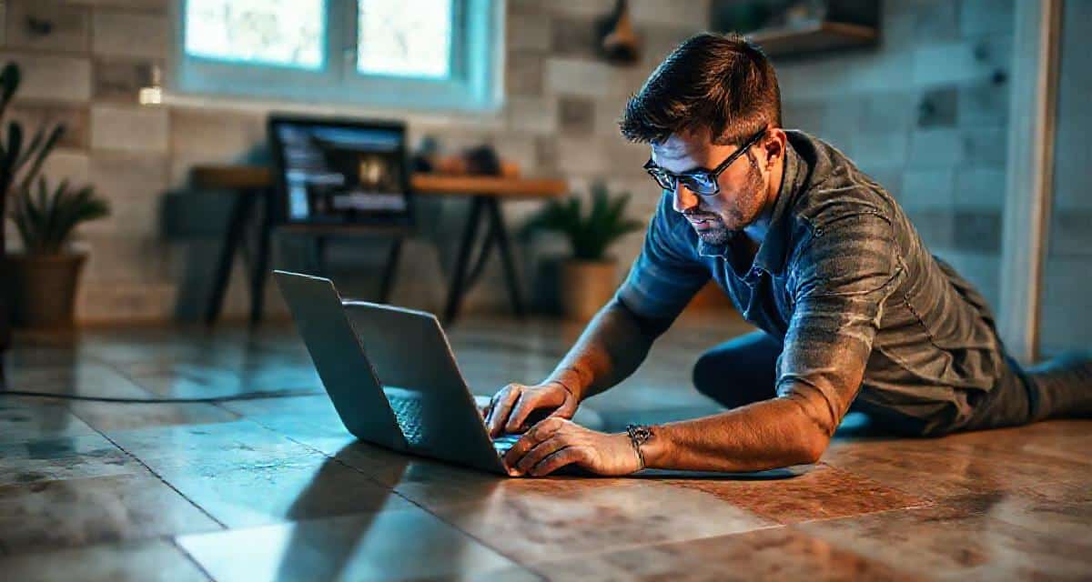 Un carreleur travaille pendant qu'un blog publie automatiquement à l'arrière-plan