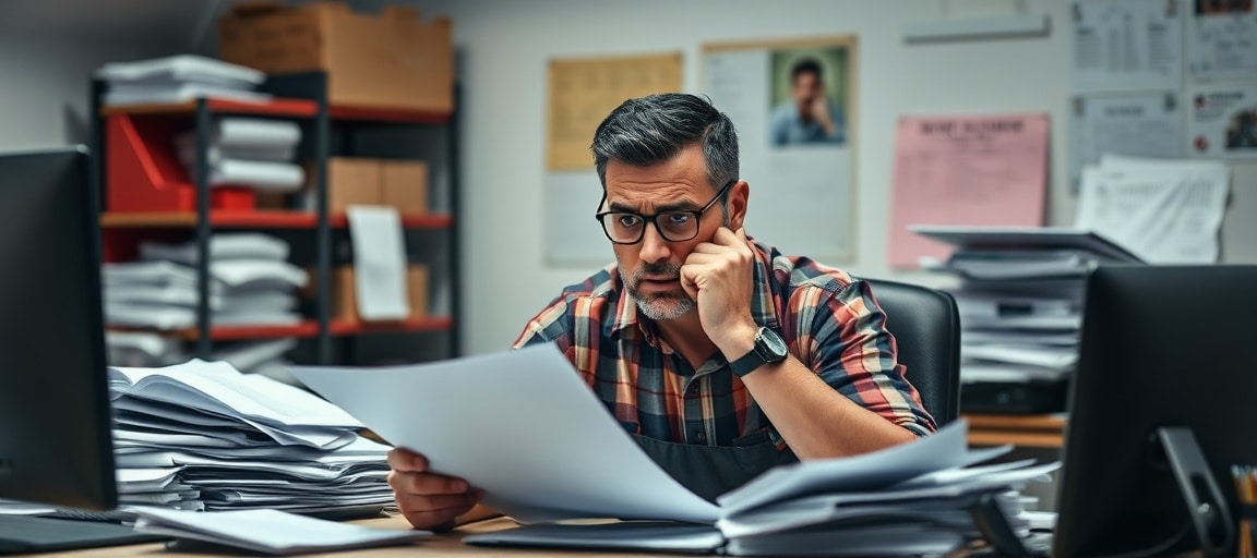Artisan débordé face à des piles de documents administratifs et de devis