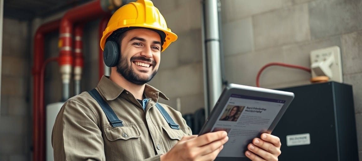 Chauffagiste serein consultant son téléphone sur un chantier