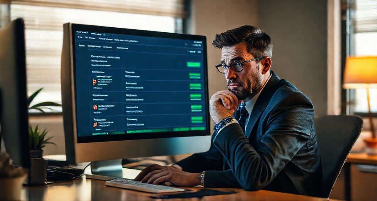Conseiller financier regardant son écran d'ordinateur avec une expression préoccupée