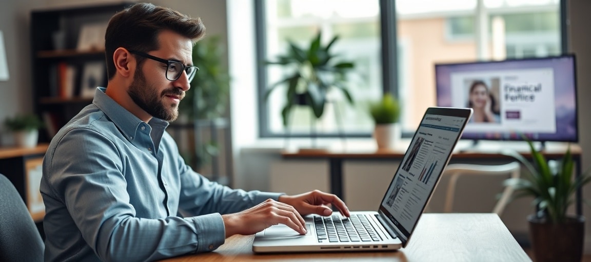 Conseiller financier travaillant sereinement tandis que du contenu se publie automatiquement