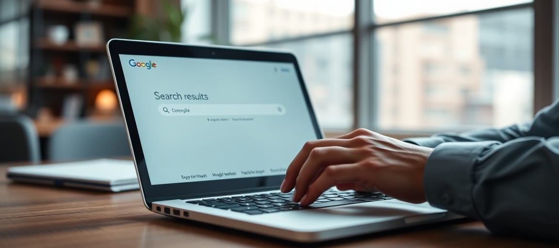 Un consultant tape une recherche sur Google pour trouver un prestataire