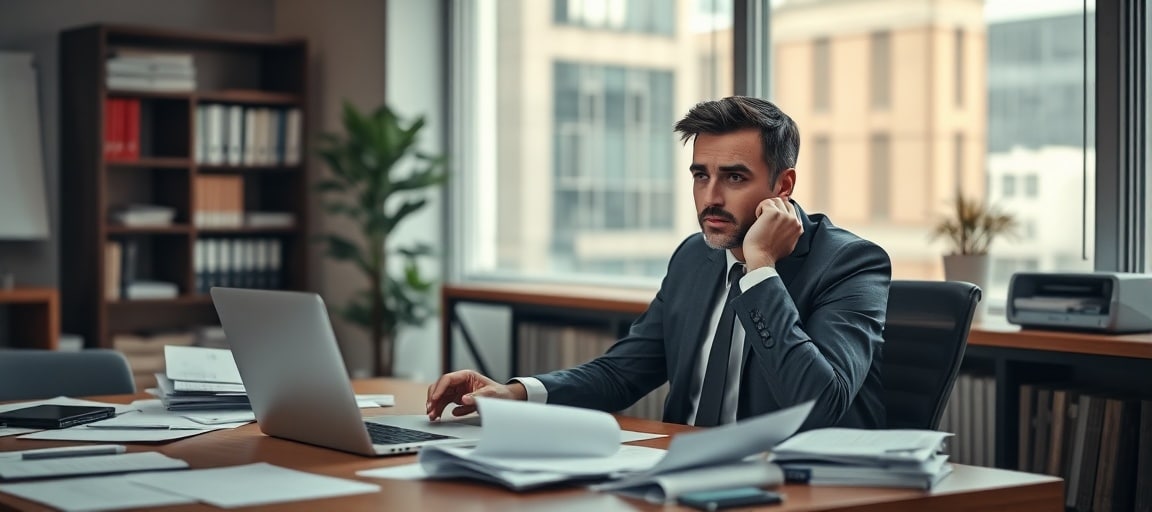 Courtier assis à son bureau face à un ordinateur avec un site web vide