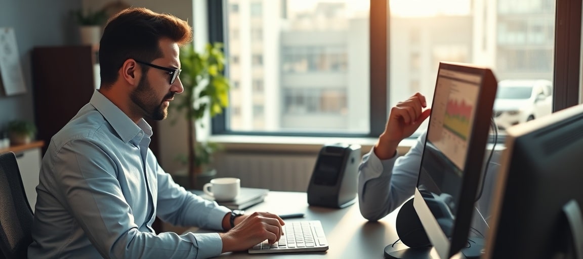 Un courtier frustré consulte le site de son concurrent sur son ordinateur