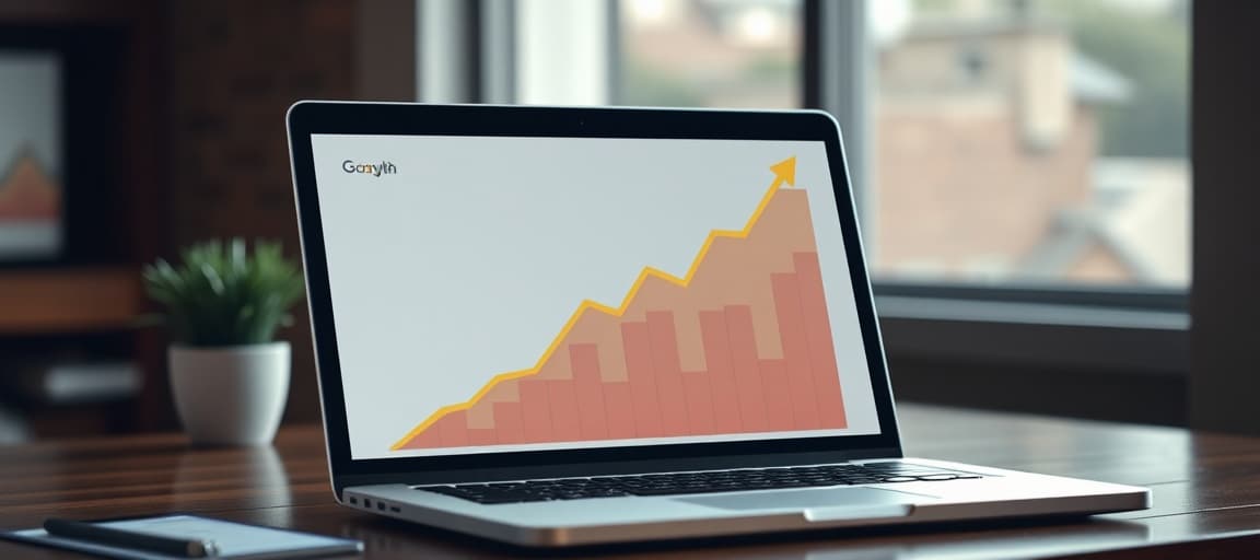 Un graphique de croissance montrant une augmentation avec un ordinateur affichant des résultats de recherche Google
