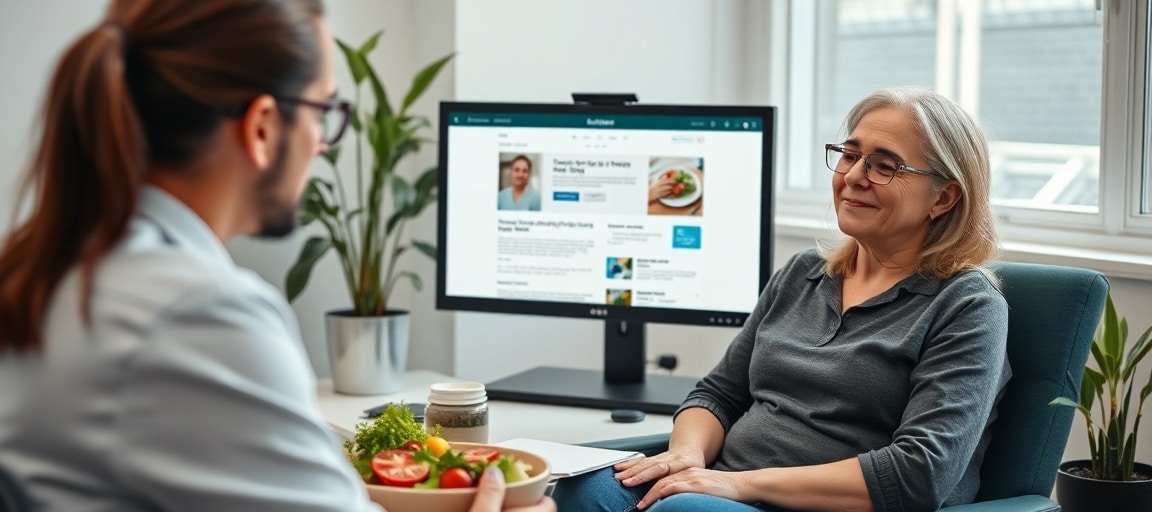 Une diététicienne consulte un patient pendant que son blog publie automatiquement des articles