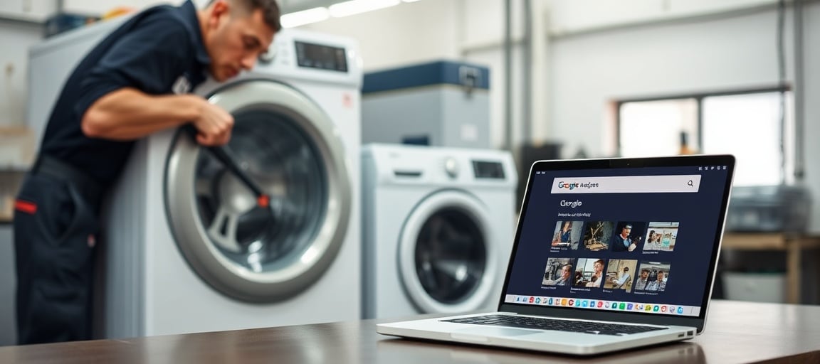Technicien en électroménager réparant un lave-linge avec ordinateur affichant les résultats Google