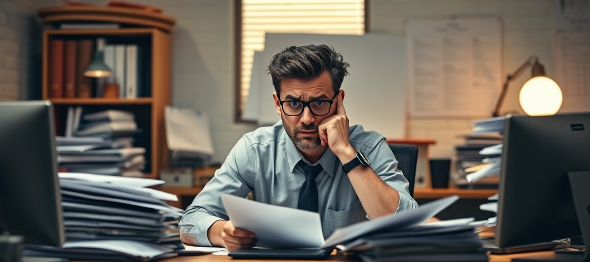 Un professionnel débordé face à un ordinateur avec plusieurs tâches à gérer
