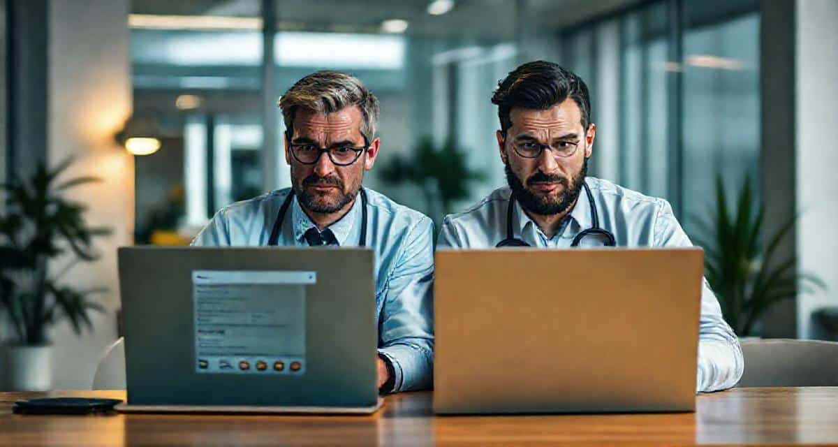 Un infirmier regarde son ordinateur avec préoccupation en comparant son classement Google avec celui d'un concurrent