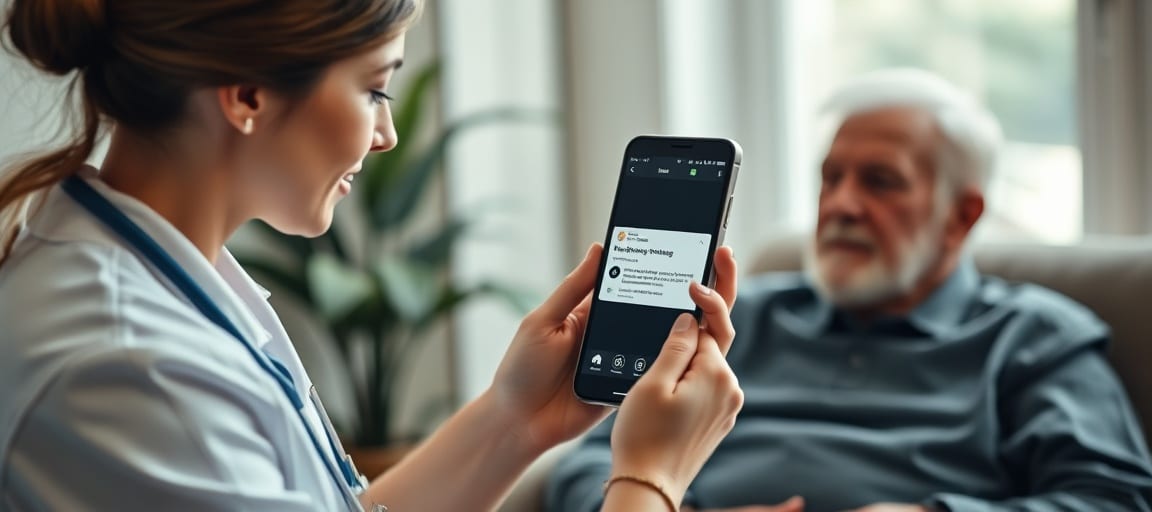Un infirmier visite un patient à domicile tandis que son blog publie automatiquement en arrière-plan