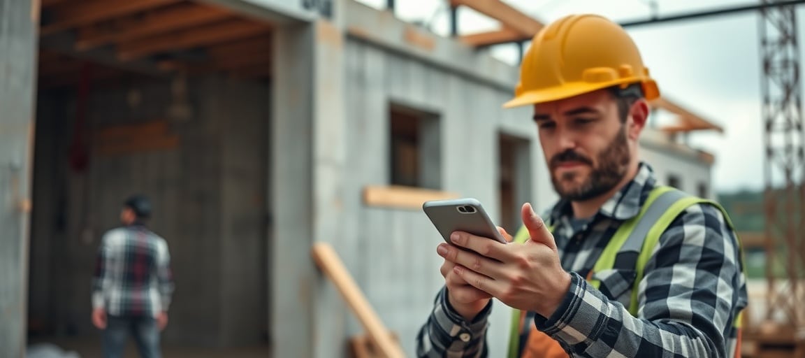 Maçon en chantier recevant des appels de clients en parallèle