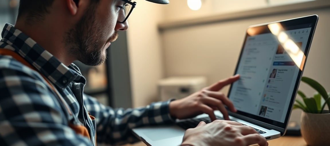 Un artisan plombier consulte les résultats de recherche Google sur son ordinateur
