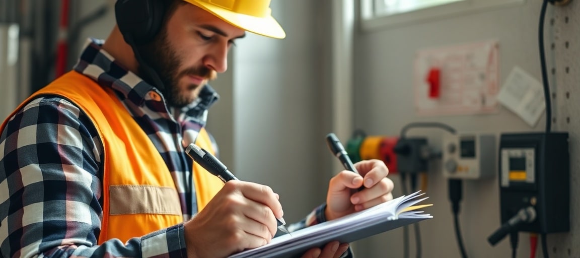 Un électricien prend des notes lors d'une conversation avec un client