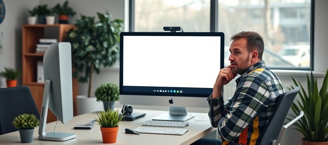 Un paysagiste regarde son site web vide sur un écran d'ordinateur