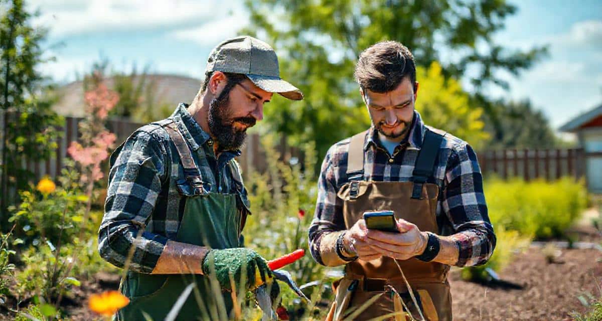 Un paysagiste travaille au jardin pendant que son téléphone reçoit des demandes de devis
