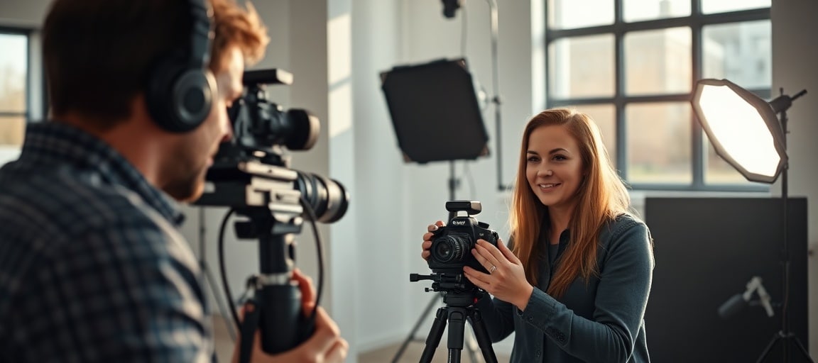 Photographe professionnel travaillant en studio avec équipement de qualité