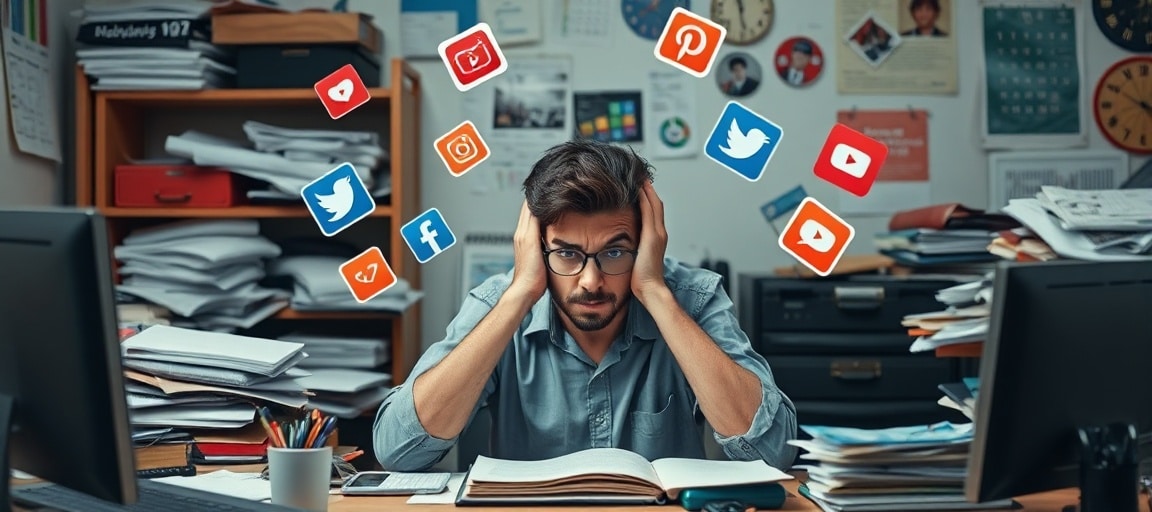 Une personne submergée par les notifications et les tâches de communication digitale