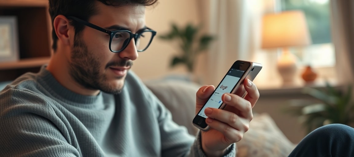 Une personne cherche un psychologue sur Google depuis son téléphone avec intention et besoin