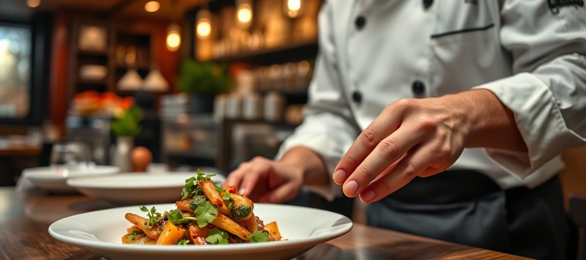 Chef présentant son plat signature avec enthousiasme